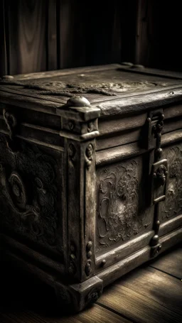 A locked antique wooden chest, covered in dust, symbolizing hidden feelings waiting to be unveiled