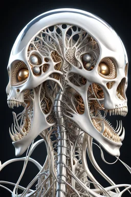 3D rendering of Expressively detailed and intricate of a hyperrealistic “alien anatomy”: 2/3 view, no teeth, scientific, single object, glossy white, shinning silver , a lot of vines, tribalism, laboratory background, shamanism, cosmic fractals, octane render, 8k post-production, detailled metalic bones, dendritic, artstation: award-winning: professional portrait: atmospheric: commanding: fantastical: clarity: 16k: ultra quality: striking: brilliance: stunning colors: amazing depth