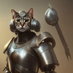 a cat-like robot with blue eyes wearing a medieval armor, high detail, photo, 8k, ray-tracing