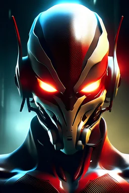 Android with a mask and red eyes in haze environment with text underneath saying Warframe