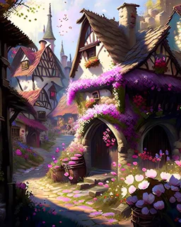 medieval fantasy village with flowers rpg art painterly