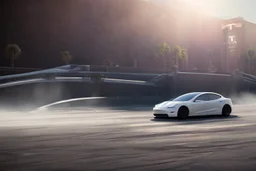 A Tesla 'Model S' is drifting at high speeds, in the 'Kennedy Space Center' in Florida. (CINEMATIC, WIDE ANGLE LENS, PHOTO REAL)