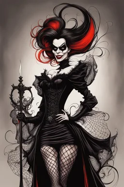 create a seductive, female goth vampire with highly detailed and refined facial features and hair, clothed in an ornate Gothic dress and fishnet stockings, in the caricature cartoon style of Gerald Scarfe and Ralph Steadman, precisely drawn, boldly inked, vividly colored, 4k