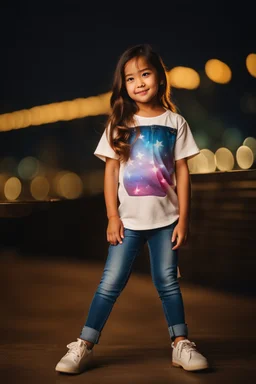 Little 6 years old beautiful girl perfect face,1girl wearing a pretty shirt and jean pant, standing pose,modern city ,night view