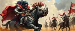 knights and lances tournament, horses hit hard, oil and airbrush, epic fantasy illustration, black giant on bulldog rhino with steel gauntlets, scared knights hair standing up like a clown