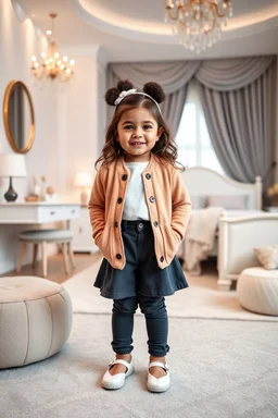 a 5 years old girl in modern clothing and makeup standing pose with cute and joy with pertty shoes in a very large luxury baby bedroom