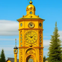 A golden yellow clock tower with ringing bells designed in Kuna molas painted by Peter Carl Faberge