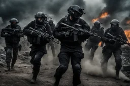 A hyper-realistic,soldiers wearing black advance futuristic equipment in a war zone fighting against hords of zombies with helicopters, Photo Real, HOF, full size, practicality,manufacturability,performance, (((realism, realistic, realphoto, photography, portrait, realistic, elegant, charming, apocalyptic environment, professional photographer, captured with professional DSLR camera, trending on Artstation, 64k, ultra detailed, ultra accurate detailed, bokeh lighting, surrealism,