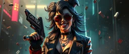 airbrush 3d rendering, mafia cyberpunk stylish lady dr smick Vex is now officially in stasis. No experiments. No clones. No accidental galaxy-ending breakthroughs. sci fi guns and rays, shattering glass background, flying debris, mad laughs, and pose