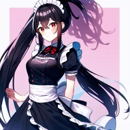 girl, masterpiece, best quality, cinematic lighting, detailed outfit, perfect eyes, black hair, red eyes, long hair, ponytail, in modern world, maid in cafe, bright colors, pastel shades, soft lighting, dreamy atmosphere, detailed background, vibrant colors,