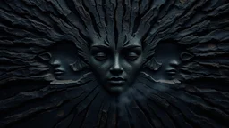 Photorealistic gorgeous point-symmetrical shot of dark slab of bark texture with many gorgeous ancient female elven goddess faces shaped in the bark. Mist rising from the lower part and across the width of the image. forgotten realms fantasy style by lee jeffries, otherworldly, in the style of fantasy movies, shot on Hasselblad h6d-400c, zeiss prime lens, bokeh like f/0.8, tilt-shift lens, 8k, high detail, smooth render, unreal engine 5, cinema 4d, HDR, dust effect, vivid colors