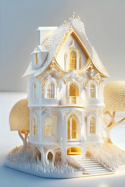 A three-dimensional miniature house, a mixture of white and gold, a fantasy, a wonderful picture full of details, a high-quality house on which beautiful sunlight falls