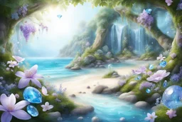 enchanted forest in spring with bright little flowers and little gems and crystals with a crystalline sea and beach