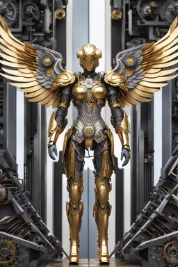 Angel cyborg straddle wings, detailed, intricate, mechanical, gears cogs cables wires circuits, gold silver chrome copper