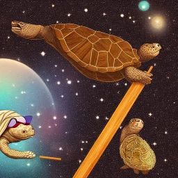 Digital art of a Big Wise turtle with sunglasses holding a wooden rod, background galaxy