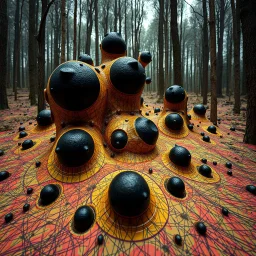 Irregular black spots, 8k, 3d render, Zdenek Burian, melting horror, tridimensional figures, intricate patterns, forest, sinister scribbles, colors, shot on Hasselblad, Yves Tanguy, tragicomic