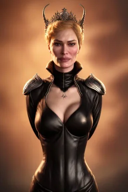 Cersei Lannister as evil queen in black leather, busty, cleavage, curvy, lena headay, angry, stern look. character design by cory loftis, fenghua zhong, ryohei hase, ismail inceoglu and ruan jia. unreal engine 5, artistic lighting, highly detailed, photorealistic, fantasy