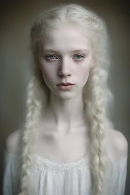 Emotive photographic image - stunningly beautiful, 15 year old albino girl chechen facial features anorexic. sickly, pale skin. blotches on skin. wild, very long, floor length, wavy wispy ghostly white hair in messy braids. ghostly white eyebrows and ghostly white eyelashes. lovely face, sculpted cheeks. beautiful, succulent, pale lips. barefooted. cinematic dynamic masterpiece, hyper realistic film still, beautifully detailed, soft lighting, ethereal, sparkle, beautifully lit, dramatic lighting