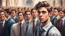 The picture depicts a young man with exceptional qualities or standing out prominently in his environment. The young man exudes noticeable brilliance and charisma, with people clearly gathering around him. It seems that those around him are praising or respecting him, as expressions of admiration and appreciation appear on their faces. The young man might be in a position that reflects his success or excellence in a specific field, drawing attention and admiration from the audience. There could