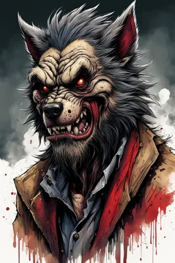 highly detailed full color, caricature concept illustration of a sad, destitute skid row Werewolf character , maximalist, sharp focus, highest resolution, in the styles of Ralph Steadman, Brom, Denis Forkas , and Masahiro Ito, boldly inked, 8k, coarse, gritty textures