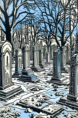 Linocut snowy cemetery in Savannah