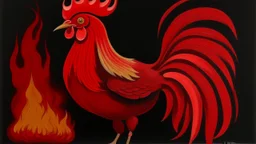 A dark red fire elemental rooster painted by John Brack