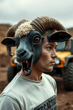 side profile, mechanic man in super cute vibrant blackscary (autofarm) in movie poster movie release date 2025 form,a portrait hybrid mixed turned head body part sheep, giant eyes sheep alien style horror look. as five headed mouth open, rough teeth, turn head around, landrover crash in background(&*&*^%$^#%$#%$^%$#^#$#^%#$^$#