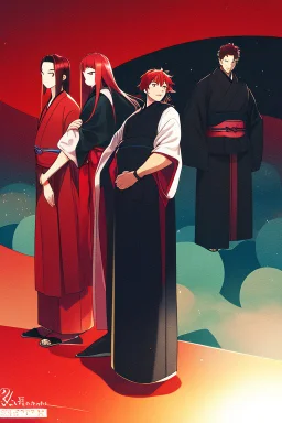 yujiro hanma vs yoriichi tsugukuni, baki vs kimetsu no yaiba, two mans standing in front of each other, a big strong man in black shirt with red hair facing a smaller swordsman with long hair in traditional japanese clothes