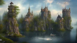 3-story Fantasy Gothic Tower with An Observation Platform, On A Rocky Island, In A Lake, In A Fantasy Woodland, with a bridge