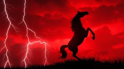 full silhouette of a horse rearing up(on right facing left, outlined by lightning), red cloudy sky, lightning bolts(from top to bottom left), digital painting