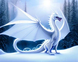 mdjrny-v4 style, a white dragon with fairy-like transparent glowing and sparkly wings standing in snow, full body, silver and teal background, glowing soft and smooth wings, realistic, highly detailed intricately detailed, shiny snowy background, soft studio lighting, trending on artstation, by artist "Julie Bell", by artist "Greg Rutkowski"