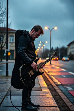 a very disappointed member with guitar case of a hard rock band who has been kicked out of a rehearsal space in Sweden, he stands outside in the rain and cries, street lamps shining, raindrops, wind, empty roads and cycle paths next to it