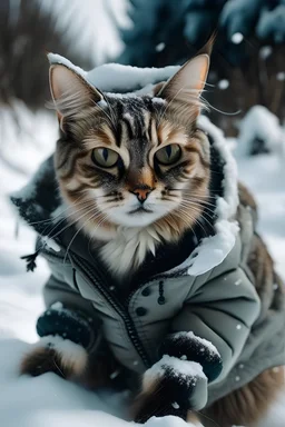 cat in snow with jacket on