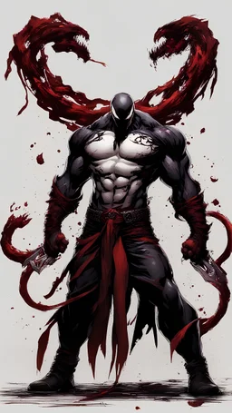 A close picture of Venom symbiote with kratos red tattoos and Clothes, holding blade of choice