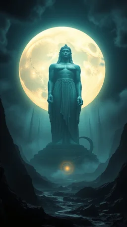 A giant statue of Atlantis , A mystical scene with ethereal light illuminating a dark landscape filled with shadows and whispers.a big full moon