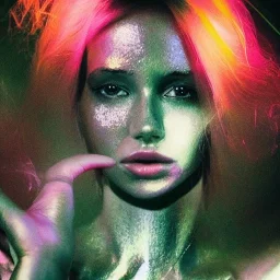 A 1990s magazine photoshoot. Neon blob, metallic blob, ethereal, grunge. Extremely detailed, HD photography, high quality, stylized, dramatic, high contrast, high exposure.