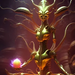 masterpiece poster of glistening elegant queen empress xenomorph alien meditating lotus position, inside ominous glowing alien temple shrine. in the style of aliens, by weta workshop, james cameron, h. r. giger, beautiful octane render, extremely intricate, epic composition, cinematic lighting, , trending on artstation, cinematic dramatic atmosphere, matte painting