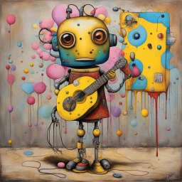 Pop street surrealism, graffiti spray paint, by Os Gemeos and Salvador Dali, surreal guitarist robot