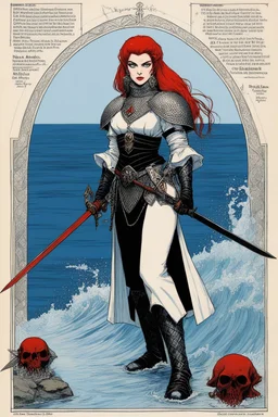 character concept sheet with AD&D statistics and characteristics, [illustration by Michael Kaluta] Nina Hagen in medieval nun opening the ocean in chainmail armour with a bloody zweihander sword, NO RULES, just punk