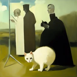 UN conference,a cat and human flesh-like surgical instruments and universe-like a pigeon and neuralink, surrealism,minimalism,Painting By Adrian Ghenie, Rene Magritte, Salvador Dali, Lucian Freud