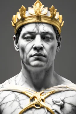 Ultra Realistic image, classic sculpture, white marble material, Maradona, gold crown of natural thorns, god crown, gold veins, gold ornaments, sun rays background, waist up portrait, epic, celestial, cinematic lighting, God lights, 4k resolution, smooth details, soft lighting, unreal engine 5, art station, substance 3d.