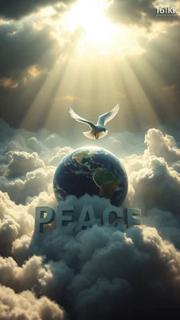 White Dove flying above swirling clouds, emerges from the heart of a raging storm. Turbulent winds of steam swirl around the iconic structure, lit by shafts of sunlight that cast dramatic shadows on the A large planet Earth hovering by over the clouds, another high planet waiting to collapse with planet earth, 3D word “PEACE “, High quality 16k cinematic scene and great photography