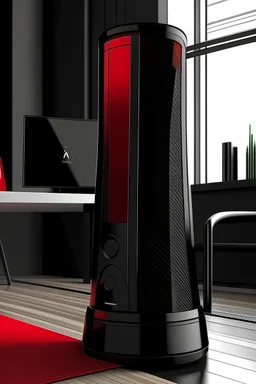 portable speaker, form inspired by avengers tower, architecture form, modern design style and black and red color