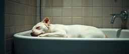 albino hot dog sleeping in bathroom