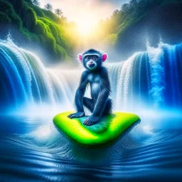 portrait of psychedelic monkey on surfboard in waterfall photo shoot, 8k, down-light, soft light, depth of field, photo realism, trending on art station, high detail, smoke and fog