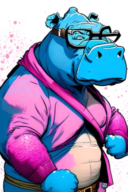 A pink hippo that is a ufc fighter, wearing.a blue shirt and scarf, goggles, comic book