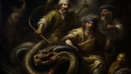 Oil painting in the style of Rembrandt, featuring a wounded Balder being carried in a basket by his brothers, with a basilisk lurking in the background. The use of bandages symbolizes Balder's vulnerability and the danger he faces from the mythical creature. Intricate details and realistic lighting bring this scene to life, inspired by classical mythology and Renaissance art.