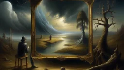 The image represents a surreal scene with a painting within a painting.