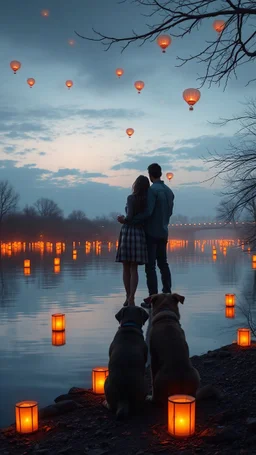 lanterns , on the water surface of a river , without people and animals only a couple lovers with a dog watching from the bank of the river