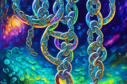 Interlocking colorful holographic biolunimescent metal chains, infinity highly detailed elegant fantasy oil on canvas cinematic lighting 4k beautiful fantastic view colourful Van Gogh acrylic art